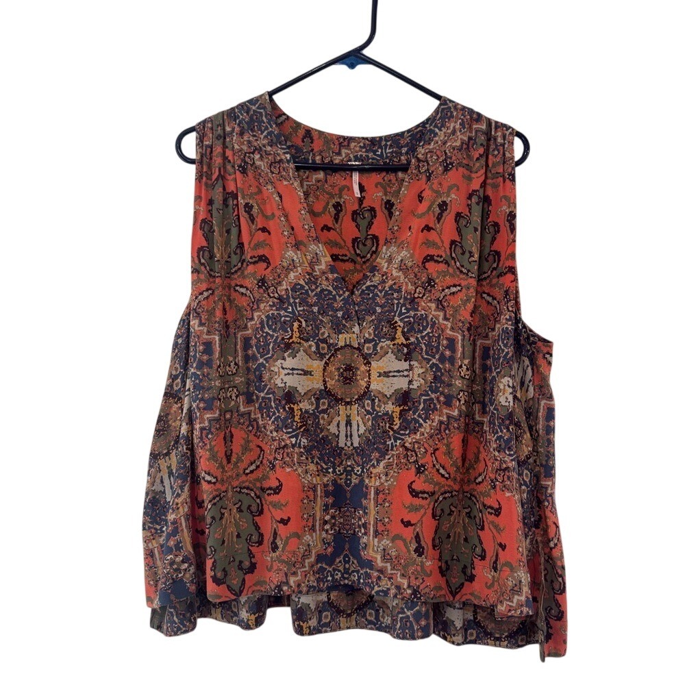 Free People OrangeBlue Medallion Print V-Neck Sleeveless Boho Blouse Small (962)